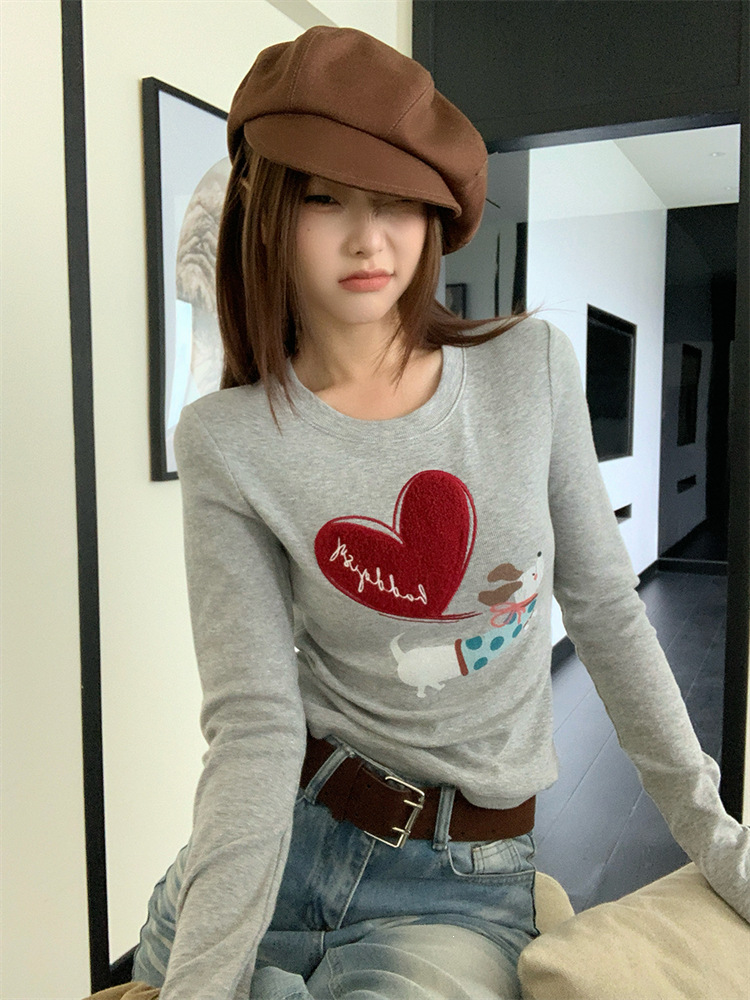 2*2 Customizable 2026 Autumn/Winter Korean Style Puppy Heart Long Sleeve T-Shirt for Women, Stylish Base Layer Top for Autumn and Winter