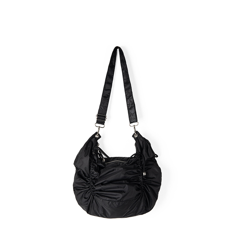 Korean high-end solid color shoulder drawstring nylon pleated niche design, casual crossbody bag, women's autumn and_voghion.com