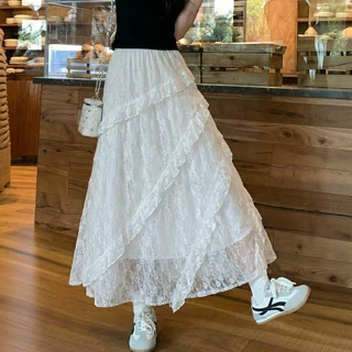 白色蕾丝半身纱裙女春季2026新款高腰a字半裙不规则蛋糕裙子长裙