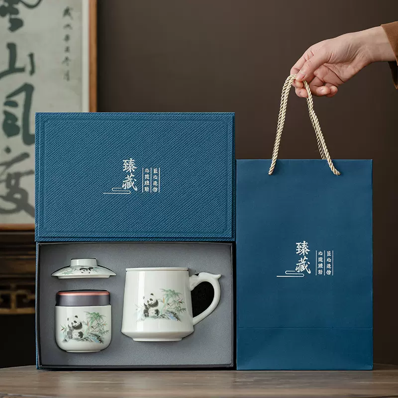 羊脂玉白瓷马克杯陶瓷大容量国潮熊猫茶水分离泡茶杯办公水杯定制