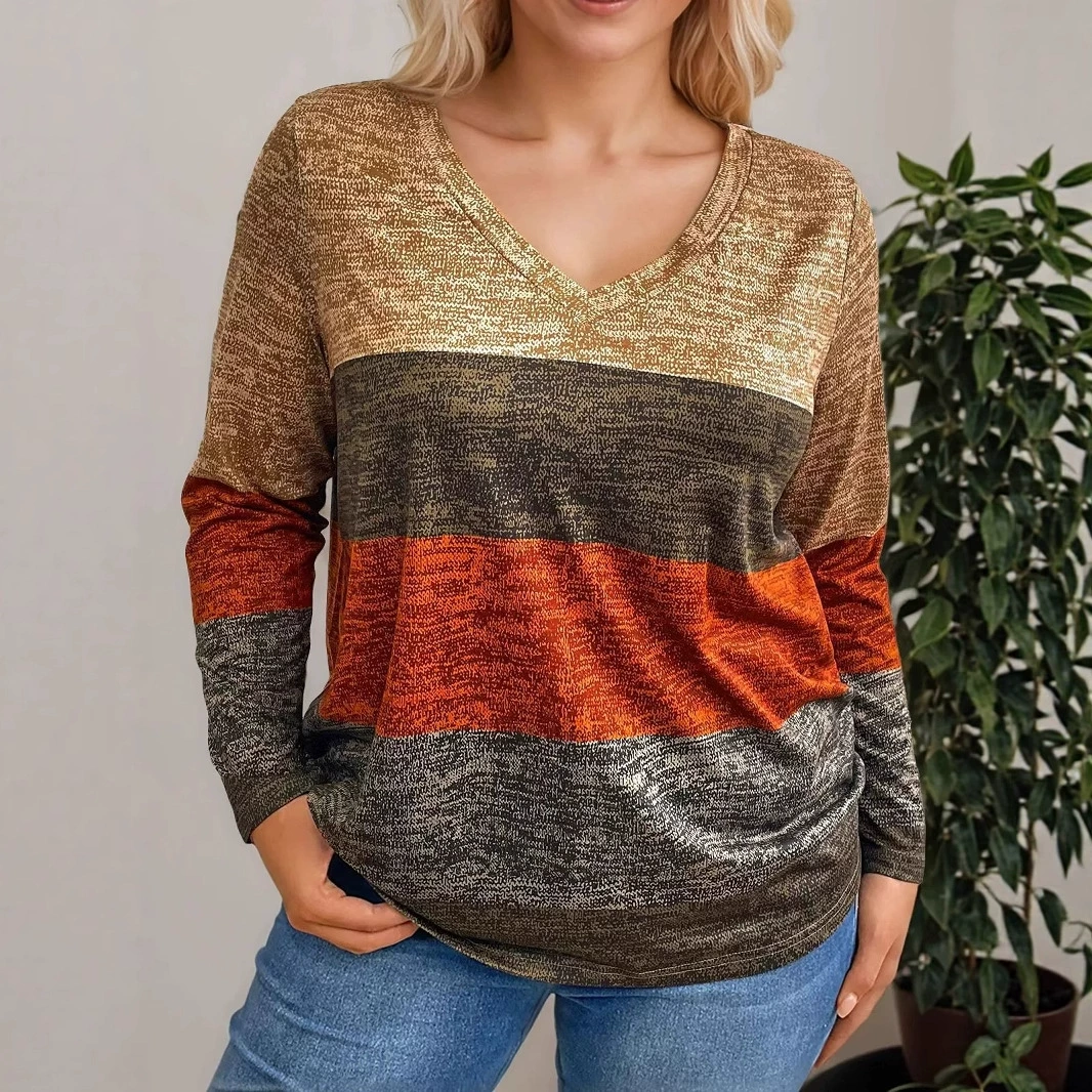 2025 Осень/Зима Европейская и американская футболка Amazon в стиле пэчворк с цветными блоками Женская повседневная футболка больших размеров с длинным рукавом и v-образным вырезом Oversize Harajuku Women's.