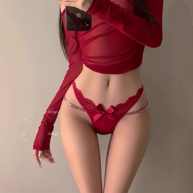 性感蕾丝边低腰纯欲诱惑少女三角裤女蝴蝶结内裤调情水钻丁字裤