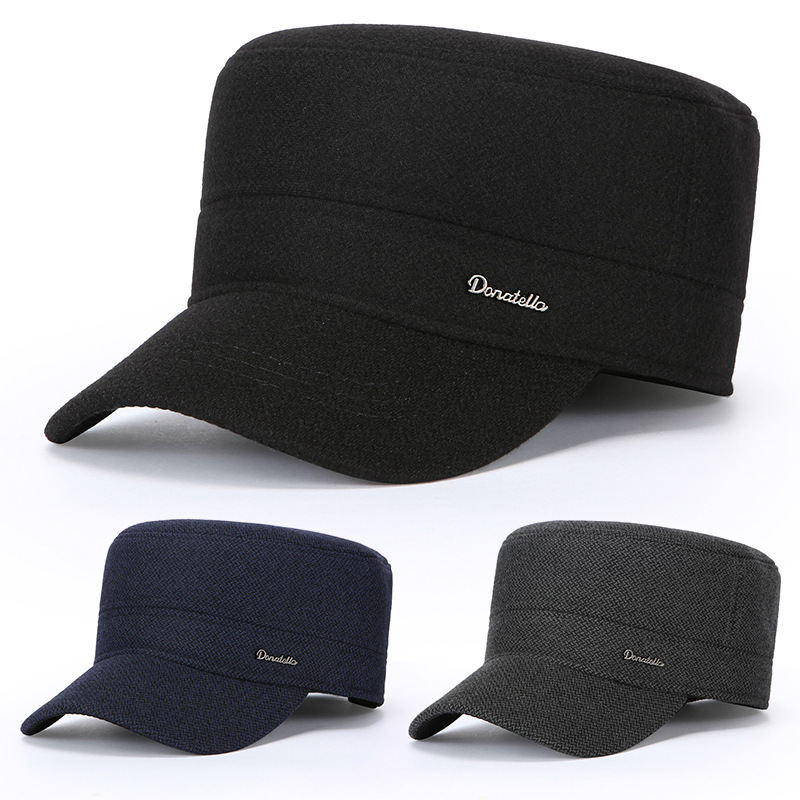 Cross-border men's flat-top hat, autumn and winter warm thickened cotton hat, middle-aged and elderly dad's ear-protecting hat, black woolen cotton hat Cross-border men's flat-top hat, autumn and winter warm thickened cotton hat, middle-aged and elderly dad's ear-protecting hat, black woolen cotton hat