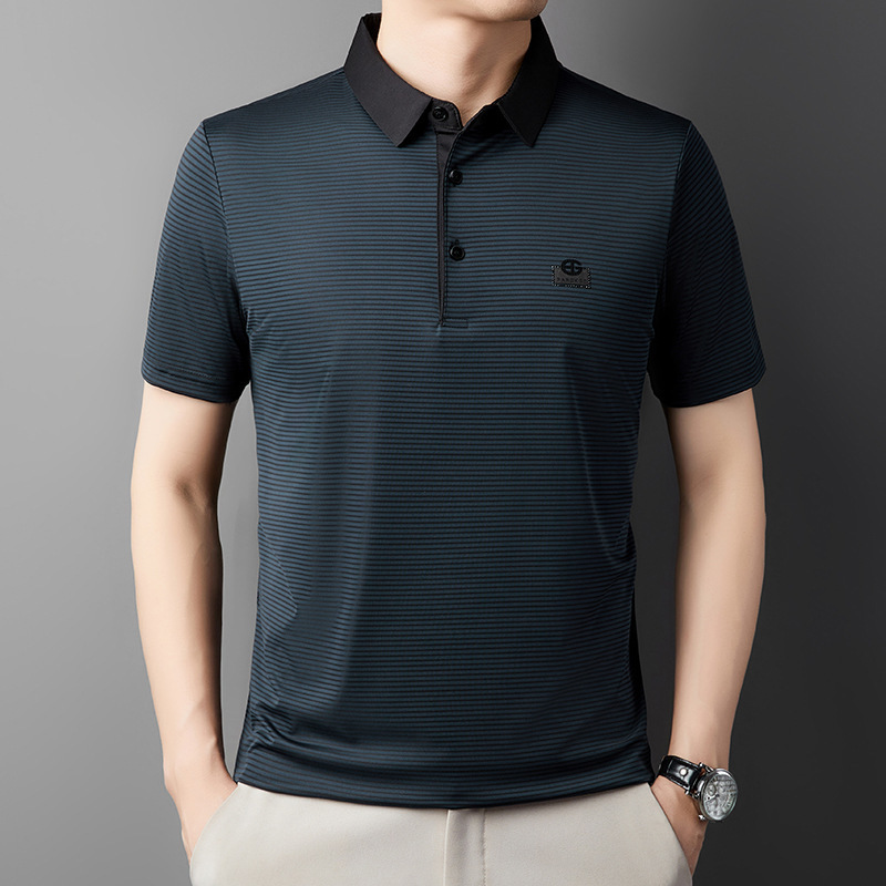 TikTok Same Style Traceless Ice Silk Men's Short-sleeved T-shirt Summer Lel Middle-aged Business Casual Striped Polo Shirt for Men TikTok Same Style Traceless Ice Silk Men's Short-sleeved T-shirt Summer Lel Middle-aged Business Casual Striped Polo Shirt for Men