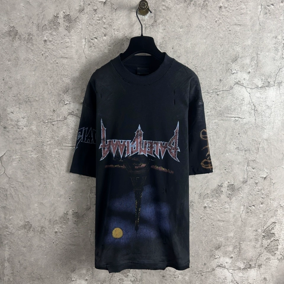 Правильная версия высококачественной футболки B-бренда 25SS с перевернутой железной башней, ручная роспись, градиентная цветная печать, потертая футболка с короткими рукавами