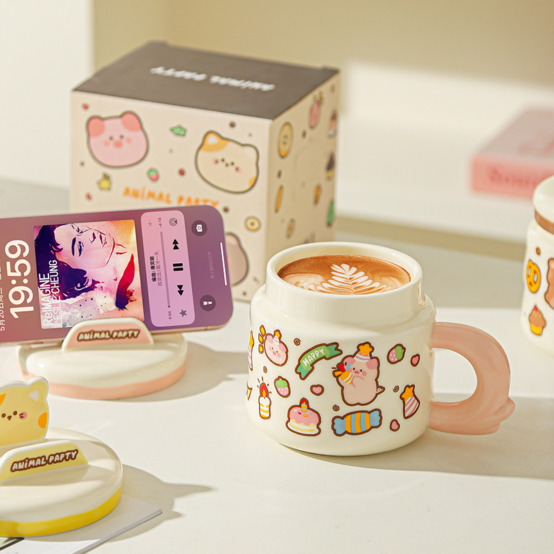 Linda caricatura linda mascota graffiti taza de animales oficina taza de agua de alto valor soporte para teléfono móvil taza de cerámica para estudiantes
