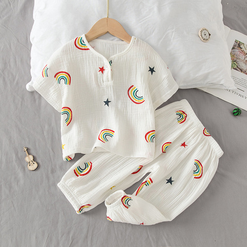 Children's gauze pajamas summer short-sleeved long pants cotton fabric boys and girls home clothes baby air conditioning clothes set thin style