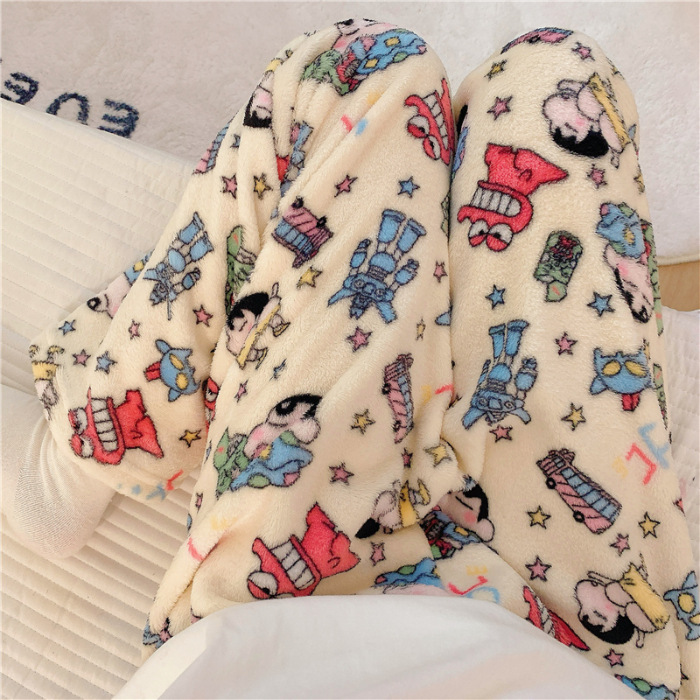 Pantalones de pijama de franela de coral de dibujos animados, pantalones de pijama de hombre, pantalones de invierno de otoño de mujer, pantalones caseros