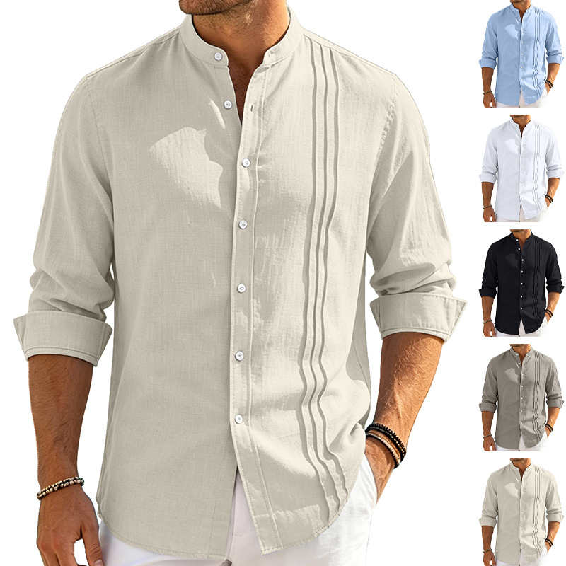 Transfronterizos eBay Europa y América primavera nuevo estilo de hombre cuello a rayas de color sólido camisa de manga larga cardigan americano camisa casual abrigo