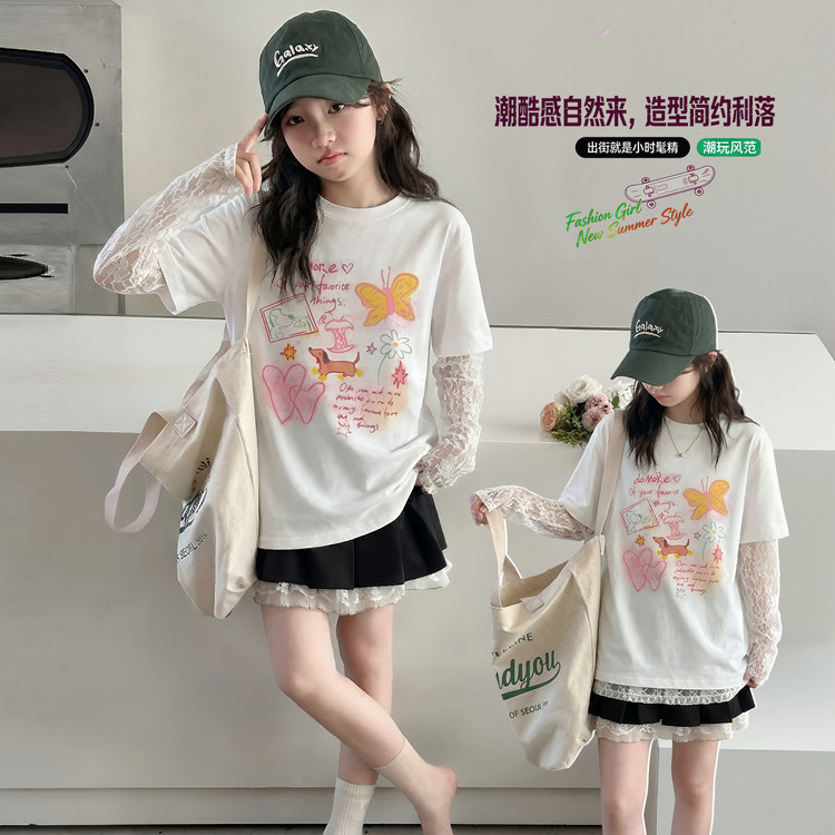 Girls' Summer Lace Sun Protection Sleeves T2026 New Style Girls' Korean Style Patchwork Printed Fake Two-Piece Short-Sleeved Sun Protection Clothing