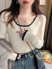 方领打底衫女秋冬2025新款撞色内搭针织衫上衣修身设计感小众毛衣