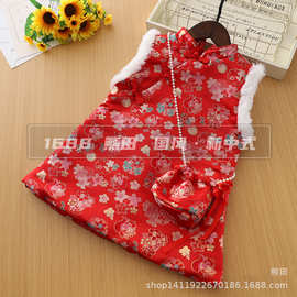 女童冬款夹棉加厚国风旗袍裙宝宝唐装古风裙小女孩拜年服冬礼服