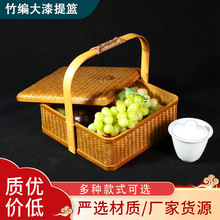 云南手工复古大竹席大漆单层提篮茶叶茶具收纳盒人工编织复古篮