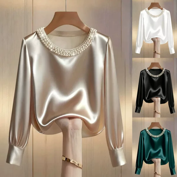 2025 Independent Site Wish Amazon Spring/Summer French-Style High-End Pearl Round-Neck Satin Shirt Top for Women