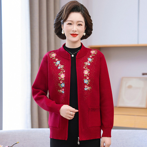 Winter and Autumn Outwear for Middle-Aged and Elderly Women, Cashmere Sweater Set with Additional Thickenings, Knitted Cardigan for Grandmother and Mother, Warm Clothing for Elderly Women