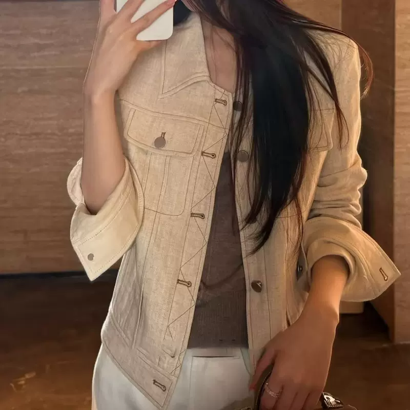 自制春季老钱亚麻外套新款短款气质牛仔夹克上衣2026春季外套