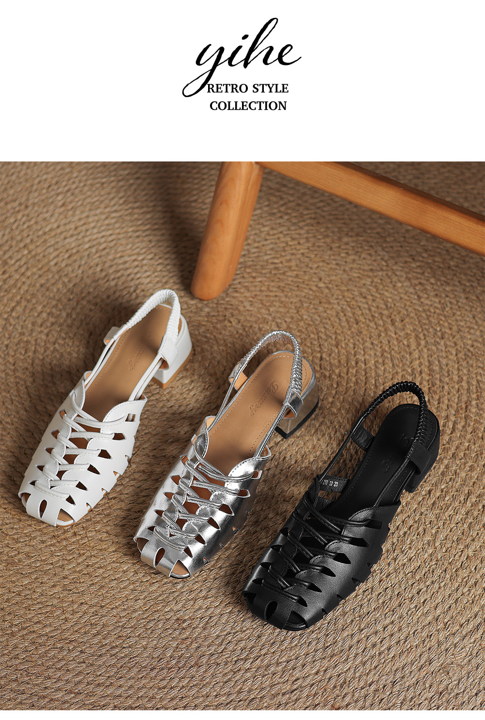 Dép sandal nữ da cừu bện mũi kiểu Pháp, gót thấp, quai chữ V đa năng — đen chi tiết 17