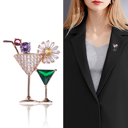 European and American creative personalized fashion cocktail glass brooch micro-encrusted zircon corsage trendy clothing accessories collar pin wholesale