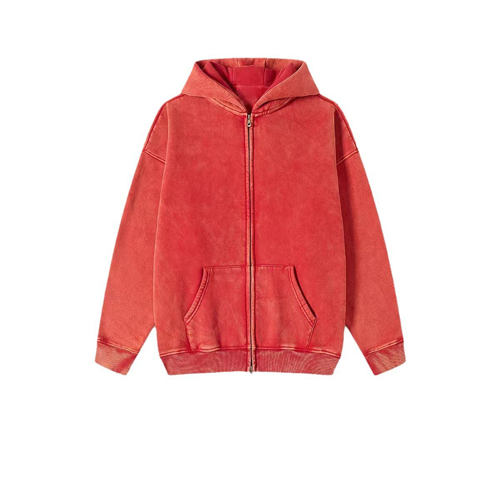 Comercio exterior 2024 marca de moda americana lavadora con sudadera con capuz cardigan retro con camisa con cremallera doble para hombres suelta sudadera con capuz
