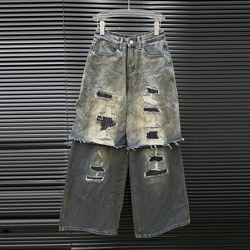 2025 Early Autumn New Fake Two-Piece Double-Layered Design Niche Ripped Loose Straight Jeans for Women