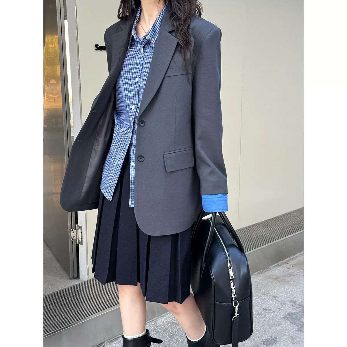 鹿西高级感气质西装外套女春季新款拼色袖口宽松休闲西服上衣3526