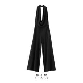 亚马逊跨境外贸欧美女装2024夏季新款绉布挂脖领连体衣
