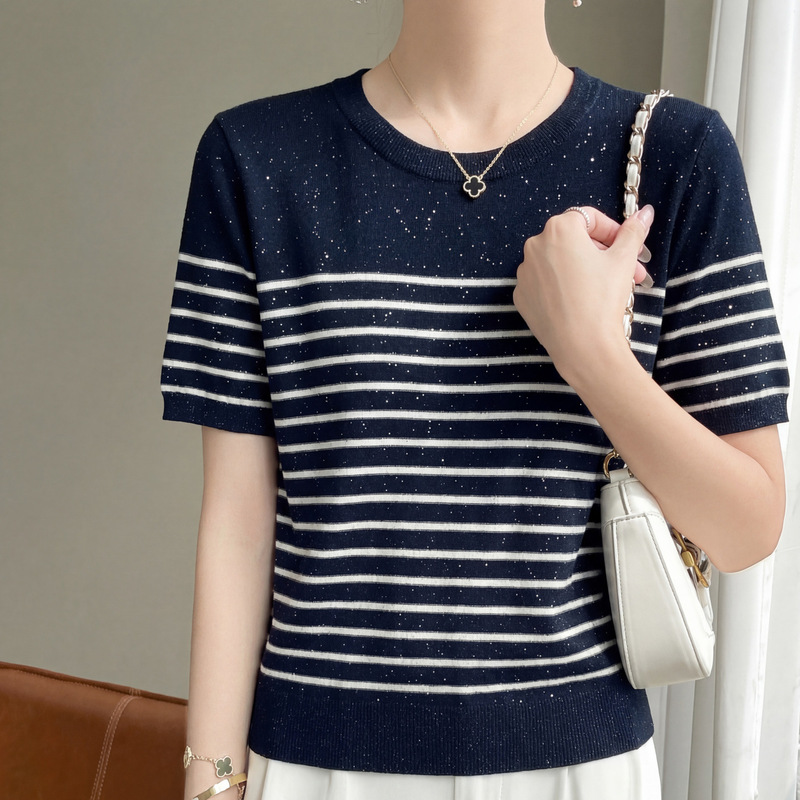High-End Bright Diamond Striped Nautical Style 60-Count Silk Wool Slim-Fit Round Neck Versatile Casual Regular Shoulder Knit Short Sleeve High-End Bright Diamond Striped Nautical Style 60-Count Silk Wool Slim-Fit Round Neck Versatile Casual Regular Shoulder Knit Short Sleeve