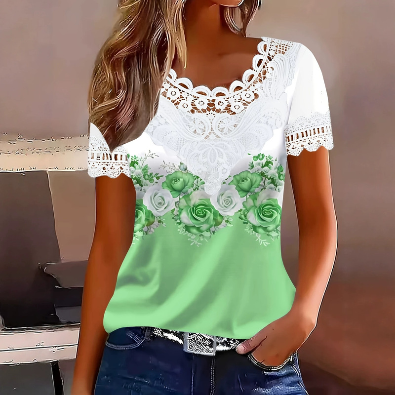 2026 New Cross-Border Spring/Summer Elegant Lace Pullover V-Neck Slim-Fit Women's Fashion Trendy T-Shirt