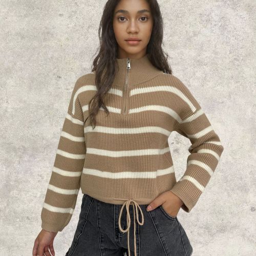 Amazon half-zipper striped sweater European and American autumn and winter new style foreign trade thickened loose pullover short sweater for women