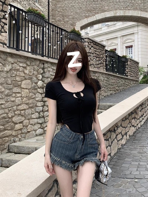 纯欲显胸辣妹绑带镂空紧身短袖正肩T恤女夏季显瘦不规则短款上衣|undefined