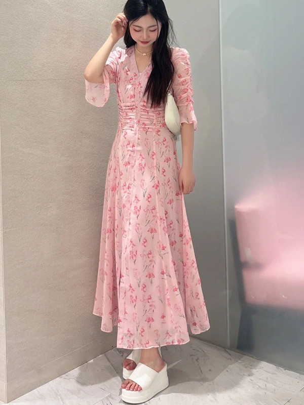 Đầm maxi nữ thắt eo họa tiết hoa nhí kiểu Pháp — Hồng anh đào mộng mơ
