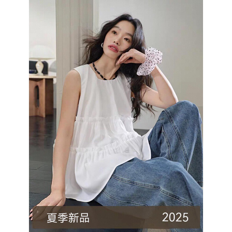Wide French White Fungus Vest Shirt for Women 2025 Summer New Sleeveless Doll Shirt Top