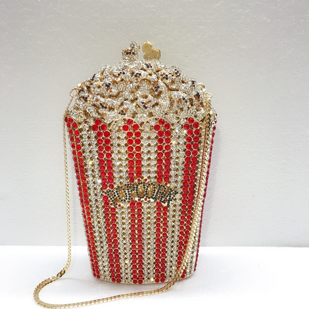 Bolsa de palomitas de maíz, embrague de palomitas de maíz, bolsa de diamantes huecos, bolsa de cena de diamantes, bolsa de mujer roja.