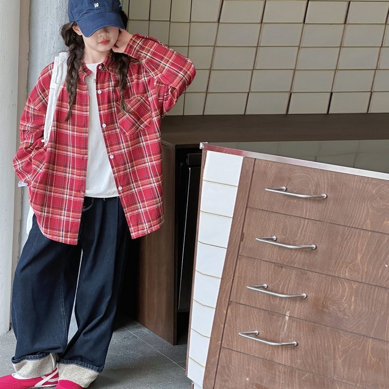 Girls' Autumn Long-Sleeved Plaid Shirt 2026 New Style, Stylish Korean Style Shirt for Girls, Casual Clothing for Medium and Large Children