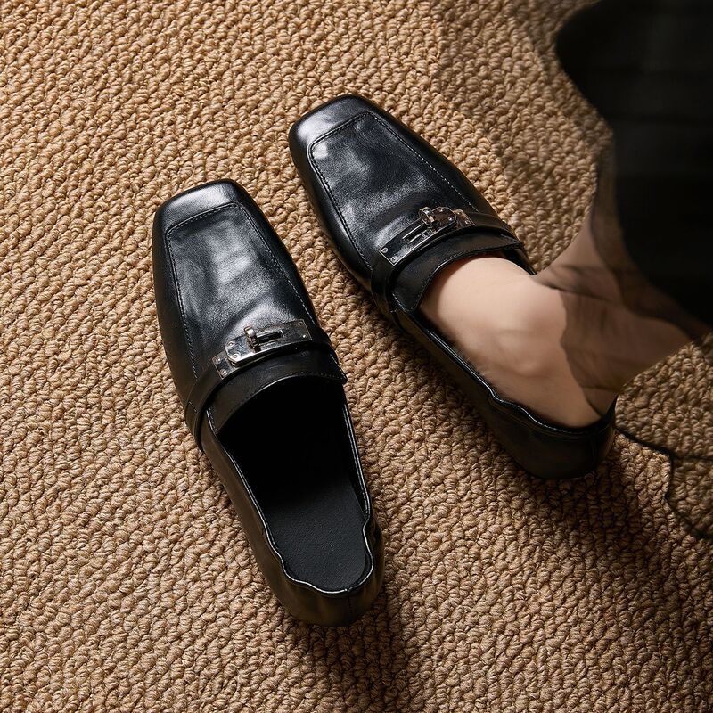 Simple Commuting Loafers for Women, Square-Toed Buckle Slip-On Flat Shoes, Genuine Leather Casual Retro Small Leather Shoes for Women Simple Commuting Loafers for Women, Square-Toed Buckle Slip-On Flat Shoes, Genuine Leather Casual Retro Small Leather Shoes for Women