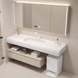 扫地机器人奶油风圆弧可丽耐一体盆浴室柜浴室柜洗漱延长台面