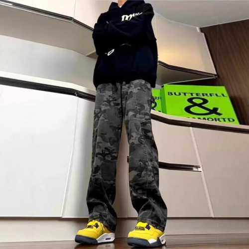 Army Green Camouflage Jeans for Men - Autumn/Winter Logging Worker Pants - American Street Style Straight Leg Casual Long Pants