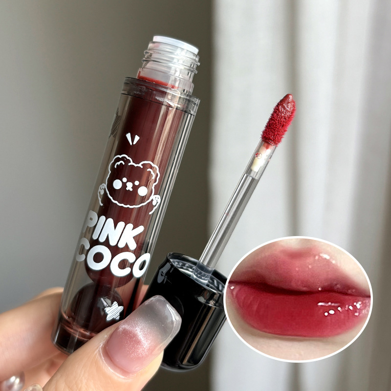 PINKCOCO熊ブツブツ鏡面唇釉薬色落ちしない水光唇彩学生党白すっぴん顔色口紅|undefined