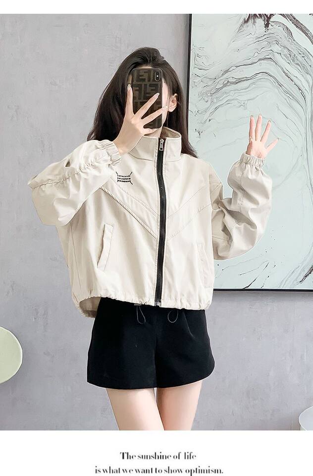 Áo khoác nữ dáng ngắn chiết eo cổ đứng khóa kéo phong cách casual — Màu lúa mì, Màu trắng ngà, màu đen chi tiết 6