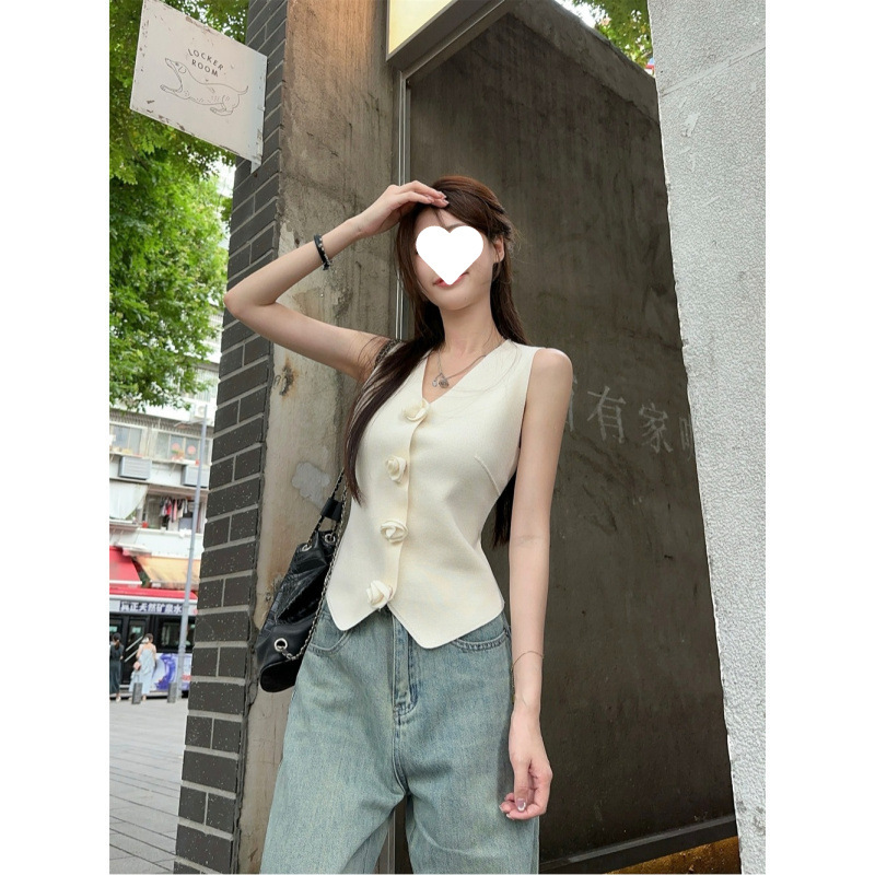 甘い雰囲気の韓国風優しいスタイルVネック立体花柄シングルボタンスリムフィットノースリーブニットベスト婦人服|undefined