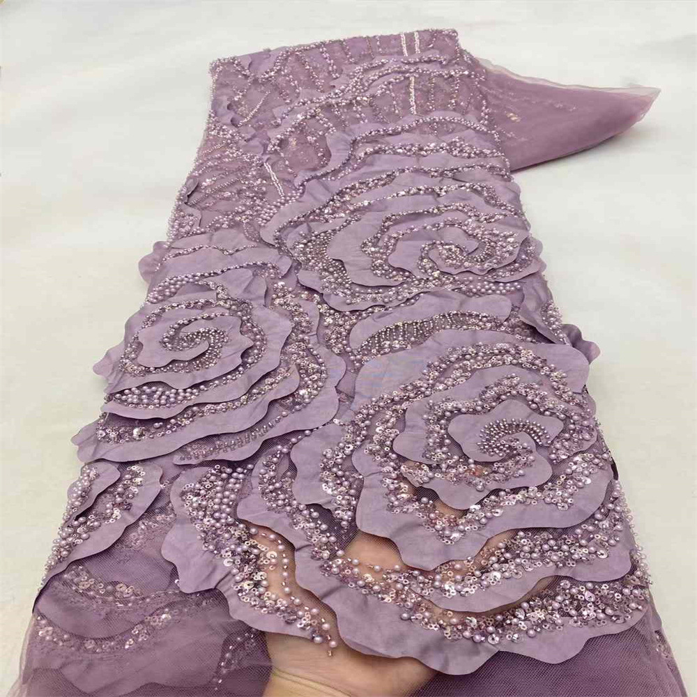 3D flor estereoscópica tubo de cuentas bordado tela hecha a mano clavado flor bordado sequilla encaje tela de vestido Tejido de encaje