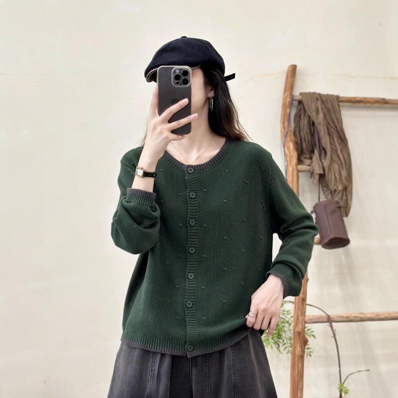拼色针织开衫 2025秋季新款 复古宽松休闲上衣女长袖圆领毛衣外套|undefined