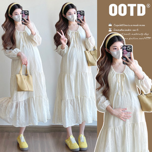 2025 Maternity Wear Spring and Summer Fashionable U-Neck Lace Embroidered Loose Slimming Look Long-Sleeved Dress