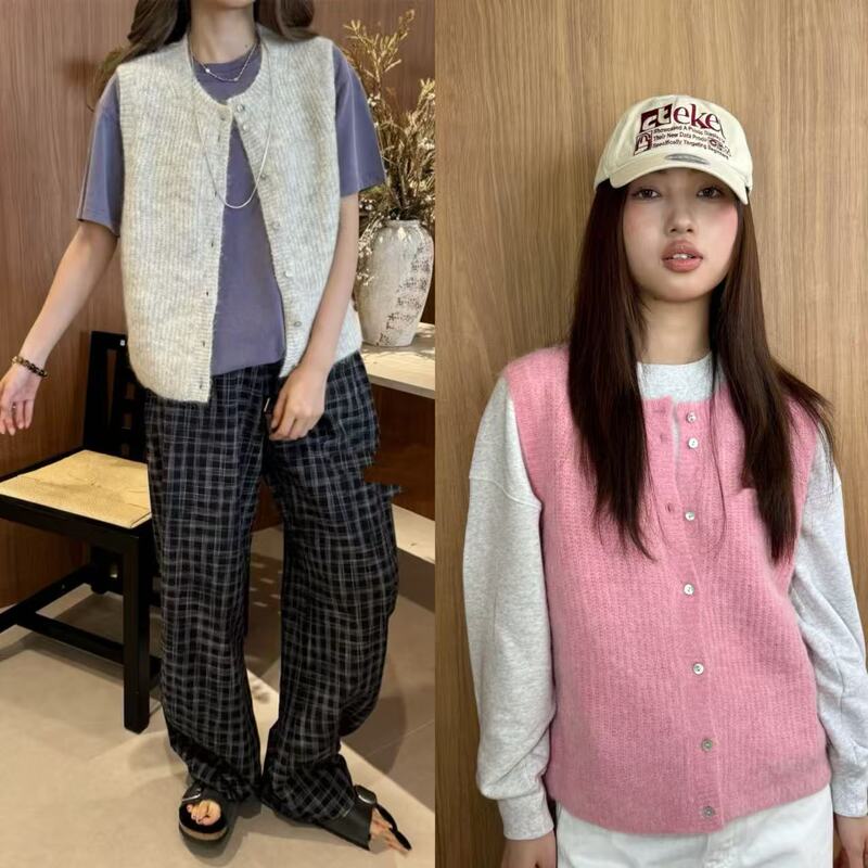 Nanyou Fashion Simple Shell Button Round Neck Sleeveless Wool Knit Vest Loose Casual Women's Autumn Waistcoat