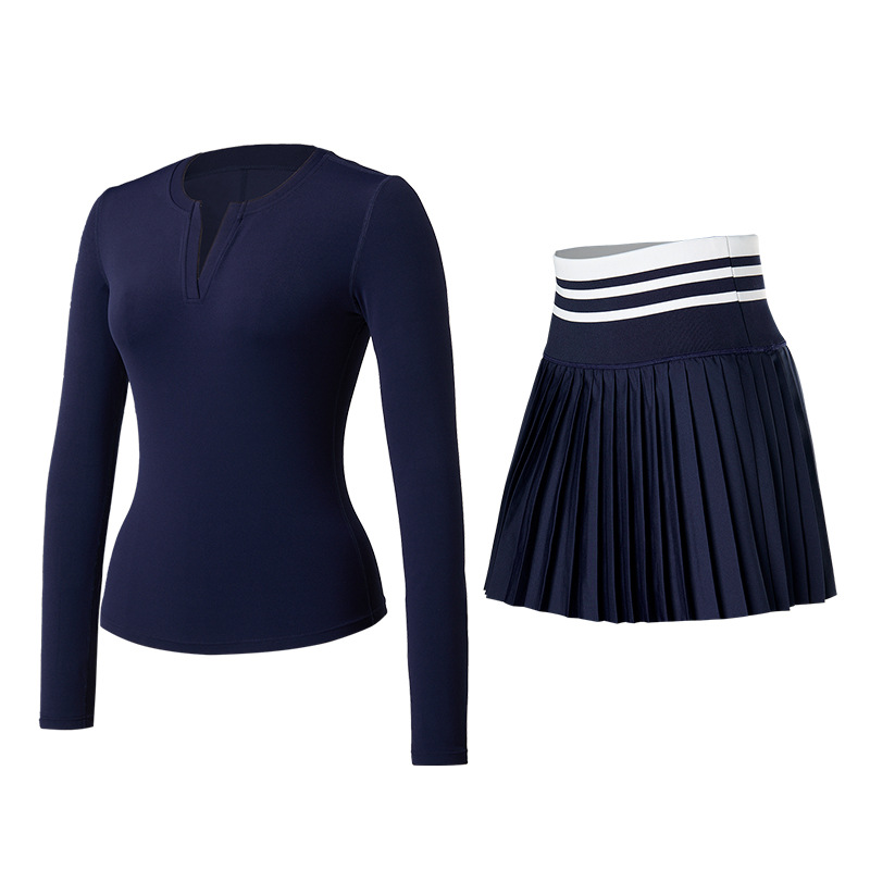 Trajes deportivos de otoño y invierno ropa de tenis ropa de yoga cuello V mangas largas anti-luz falda de tenis para correr camisetas deportivas