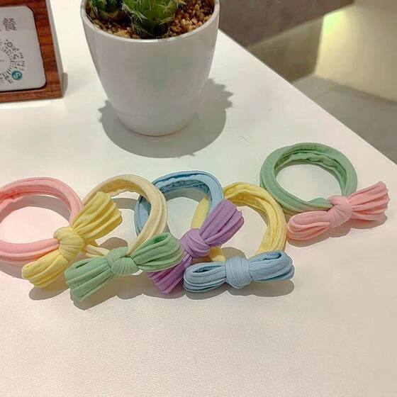 Spring and Summer Contrast Macaron Cream Rubber Band Bow Ball Head High Stretch Girl's Ponytail Hair Band Headline