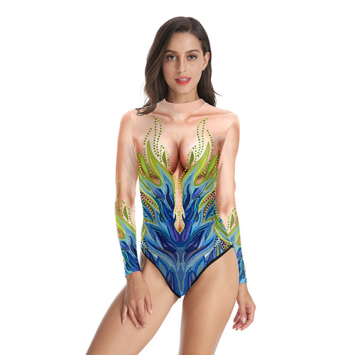 European and American cross-border new products, beach sand, fish scale, mermaid 3D personalized digital printing one-piece long-sleeved swimsuit
