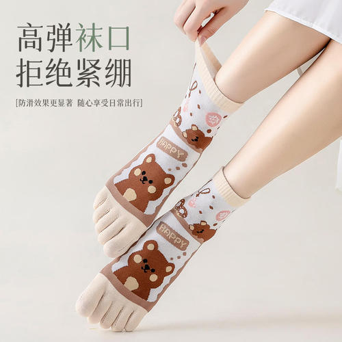 Five-toed socks for women spring and summer cotton socks cartoon cute split toes breathable sweat-absorbent anti-athlete socks mid-tube socks