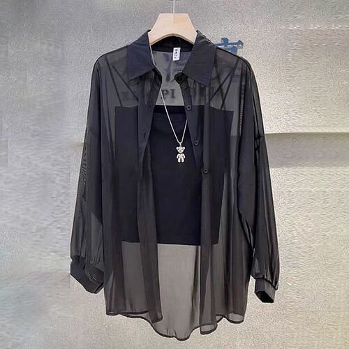 Pearlescent yarn summer new loose and versatile fashion mid-length shirt thin commuting sun protection clothing factory wholesale