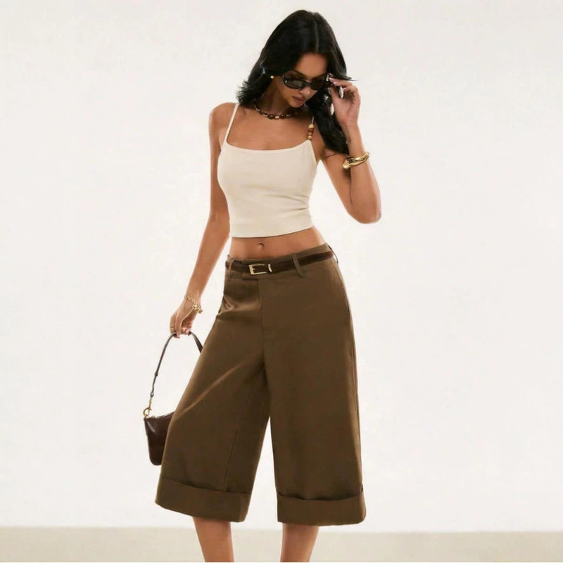 Cross-border foreign trade women's clothing, European and American style solid color cuffed wide-leg cropped trousers, high-waisted retro commuter women's mid-length pants